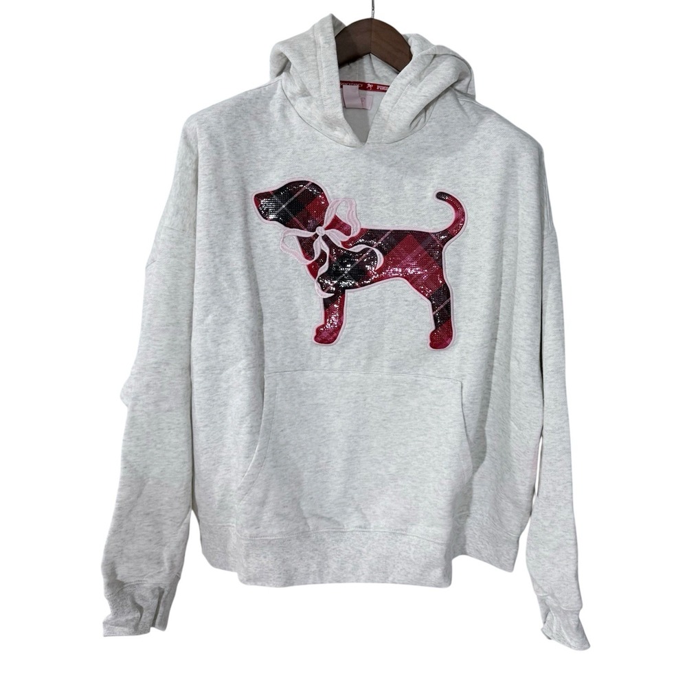 Victoria's Secret PINK LoveShackFancy Hoodie XL Dog Bling Plaid Pullover Gray